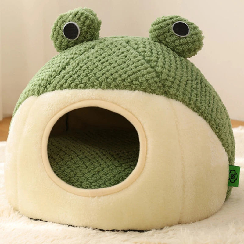 Nido de Felpa Cálido para Gatos y Perros – Casa Semicerrada Forma Rana para Invierno