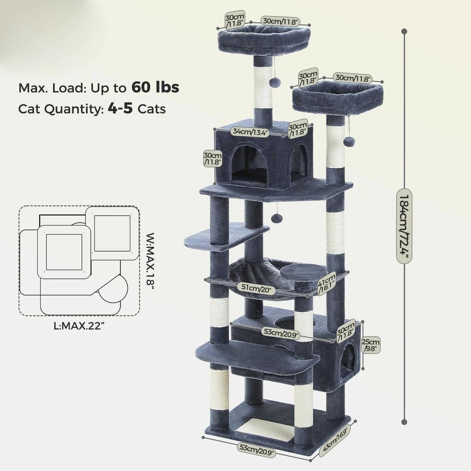 Torre para Gatos de Lujo 184 cm – 8 Niveles, Hamaca, Rascadores de Sisal y Condo
