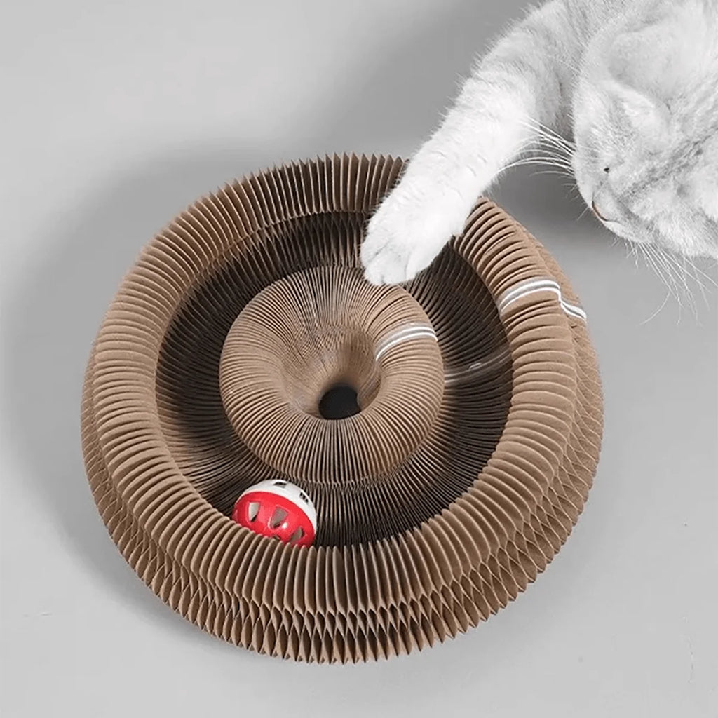 Rascador Plegable Mágico para Gatos – Cartón Corrugado con Pelota Interactiva, 3 Formas en 1