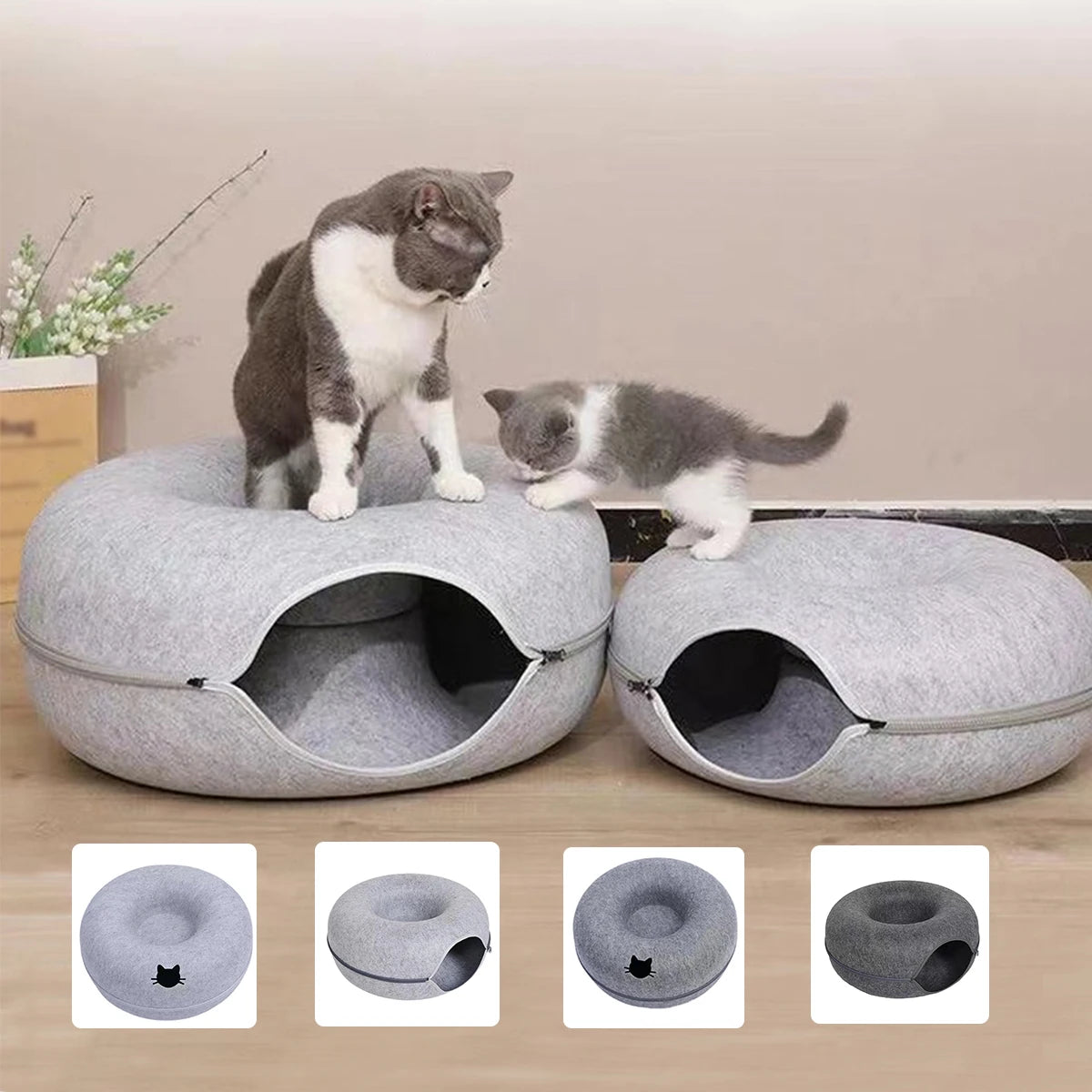 Túnel Donut para Gatos – Cama de Fieltro Interactiva con Diseño de Cabeza de Gato
