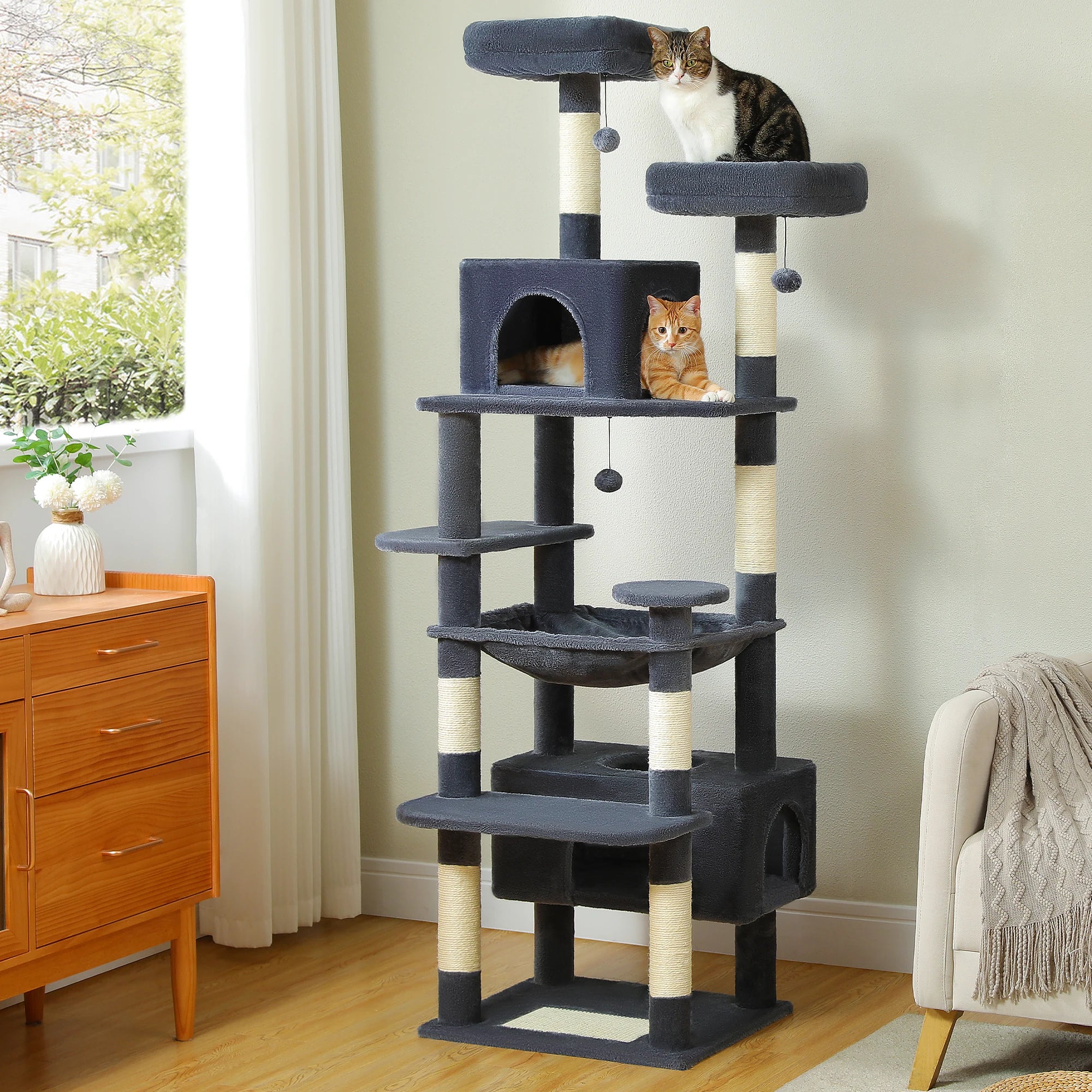 Torre para Gatos de Lujo 184 cm – 8 Niveles, Hamaca, Rascadores de Sisal y Condo