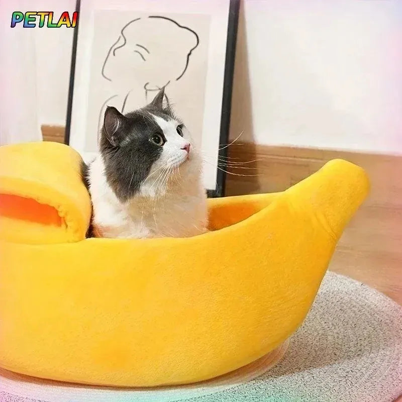 Cama para Gatos con Forma de Plátano – Casa Semicerrada Súper Suave con Tapa para Mascotas