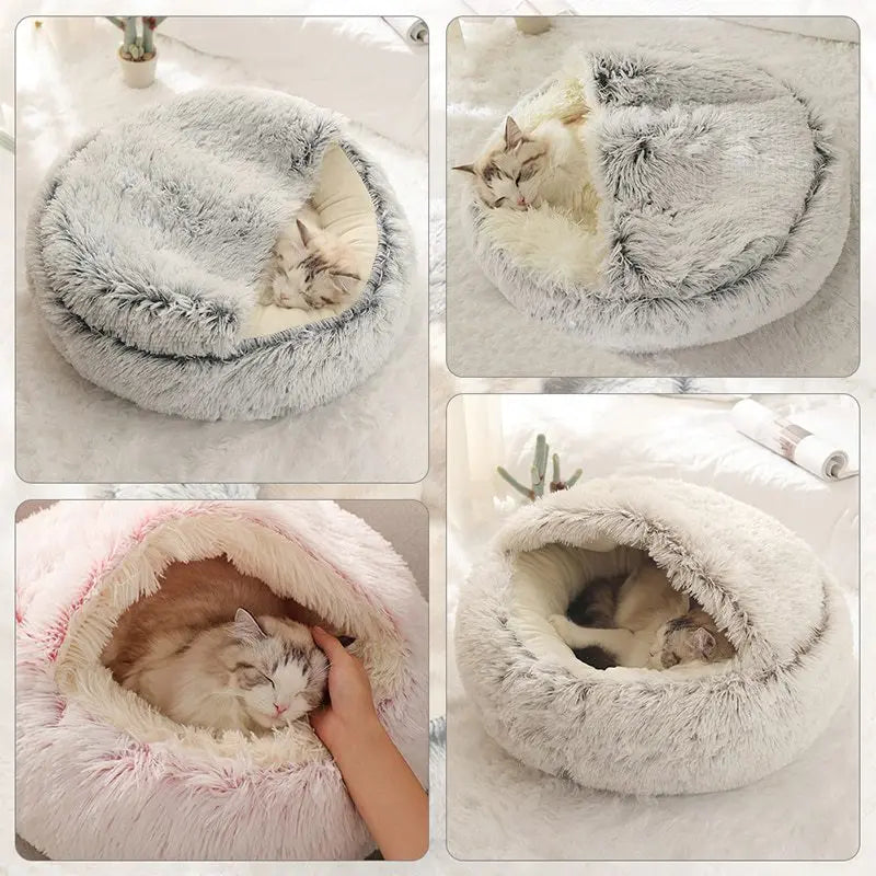 Cama Redonda de Felpa con Funda para Gatos – Nido Cálido 2 en 1 para Mascotas Pequeñas