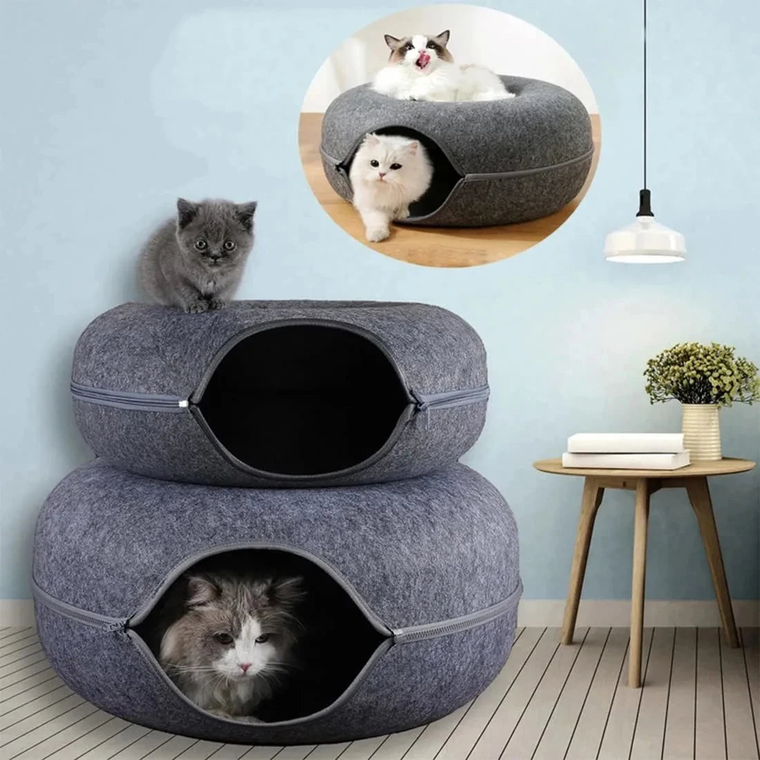 Túnel Interactivo para Gatos – Nido de Fieltro Forma Donut, Cama y Rascador para Gatitos