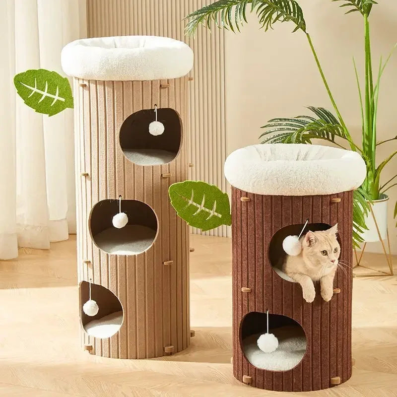 Casa para Gatos Tipo Tronco – Fieltro Multinivel con Rascador Integrado