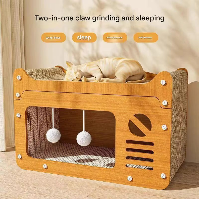 Rascador 2 en 1 para Gatos – Poste Rascador de Papel Corrugado con Zona de Descanso