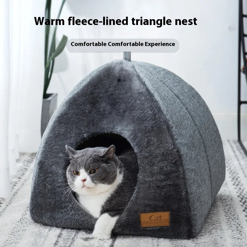 Casa Triangular Cerrada para Gatos – Nido Cálido y Grueso para Sueño Profundo