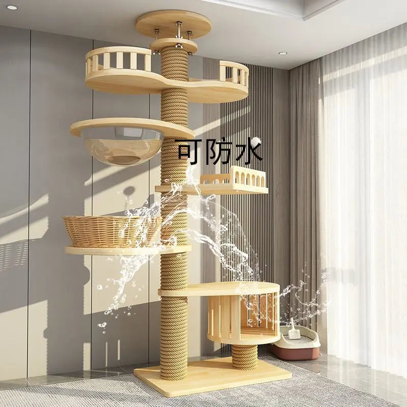Torre para Gatos del Suelo al Techo – Sisal, Madera Maciza, Sin Taladro