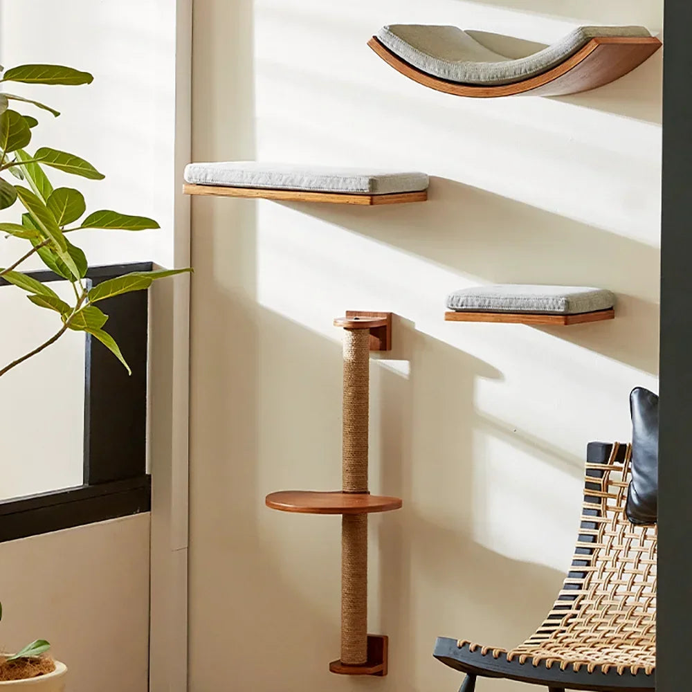 Árbol para Gatos de Pared – Estantes de Madera con Rascador, Hamaca y Escalera Flotante
