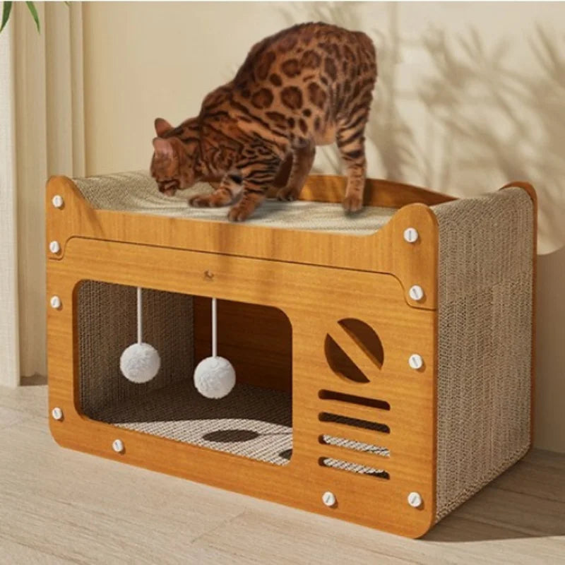 Rascador 2 en 1 para Gatos – Poste Rascador de Papel Corrugado con Zona de Descanso
