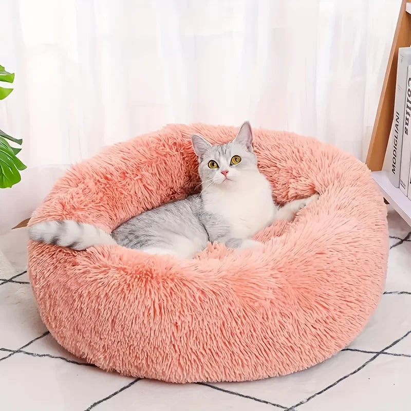 Cama Redonda de Felpa a Rayas para Gatos y Perros – Nido Suave y Cálido