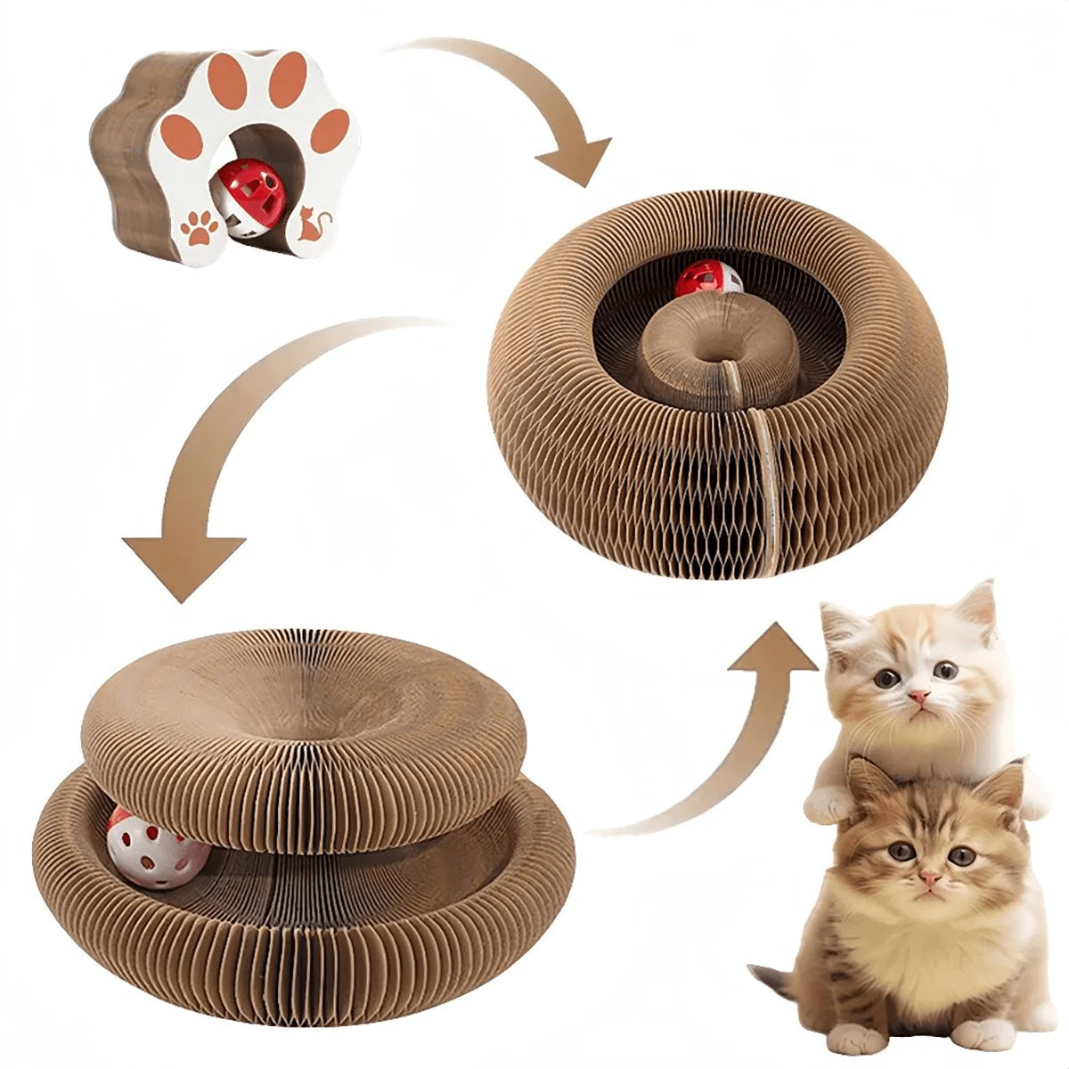 Rascador Plegable Mágico para Gatos – Cartón Corrugado con Pelota Interactiva, 3 Formas en 1