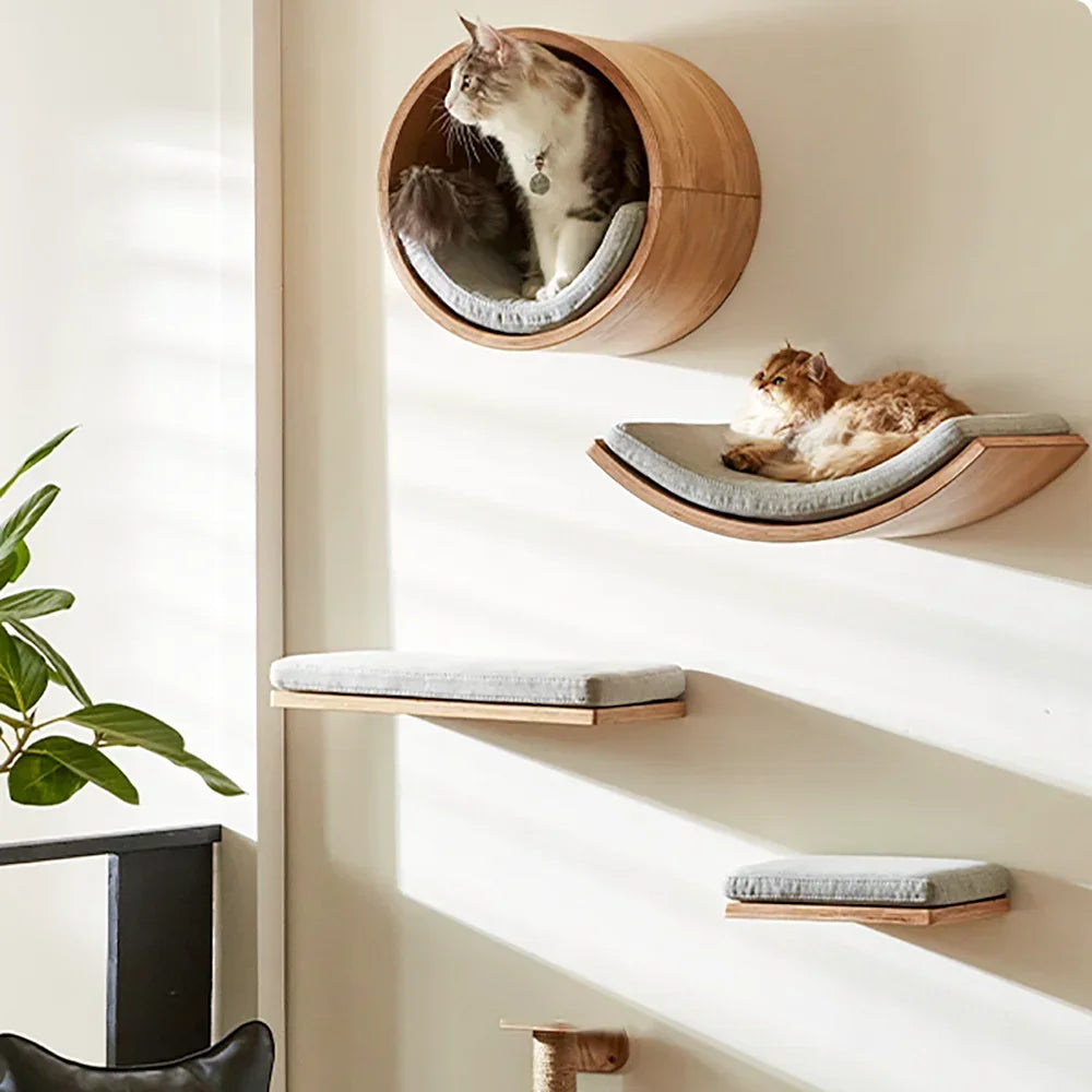 Árbol para Gatos de Pared – Estantes de Madera con Rascador, Hamaca y Escalera Flotante
