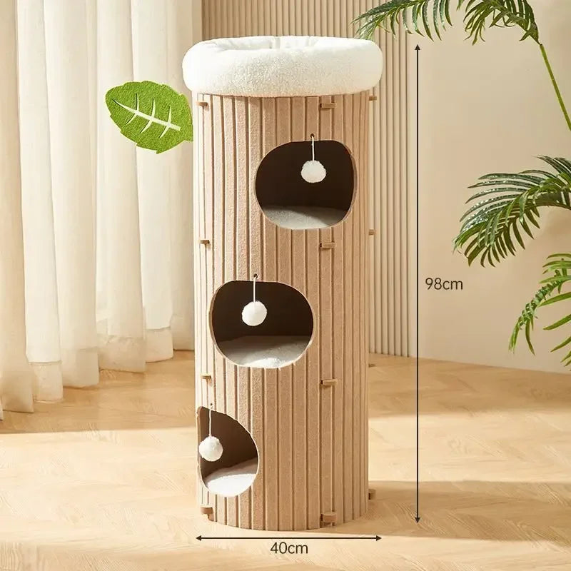 Casa para Gatos Tipo Tronco – Fieltro Multinivel con Rascador Integrado