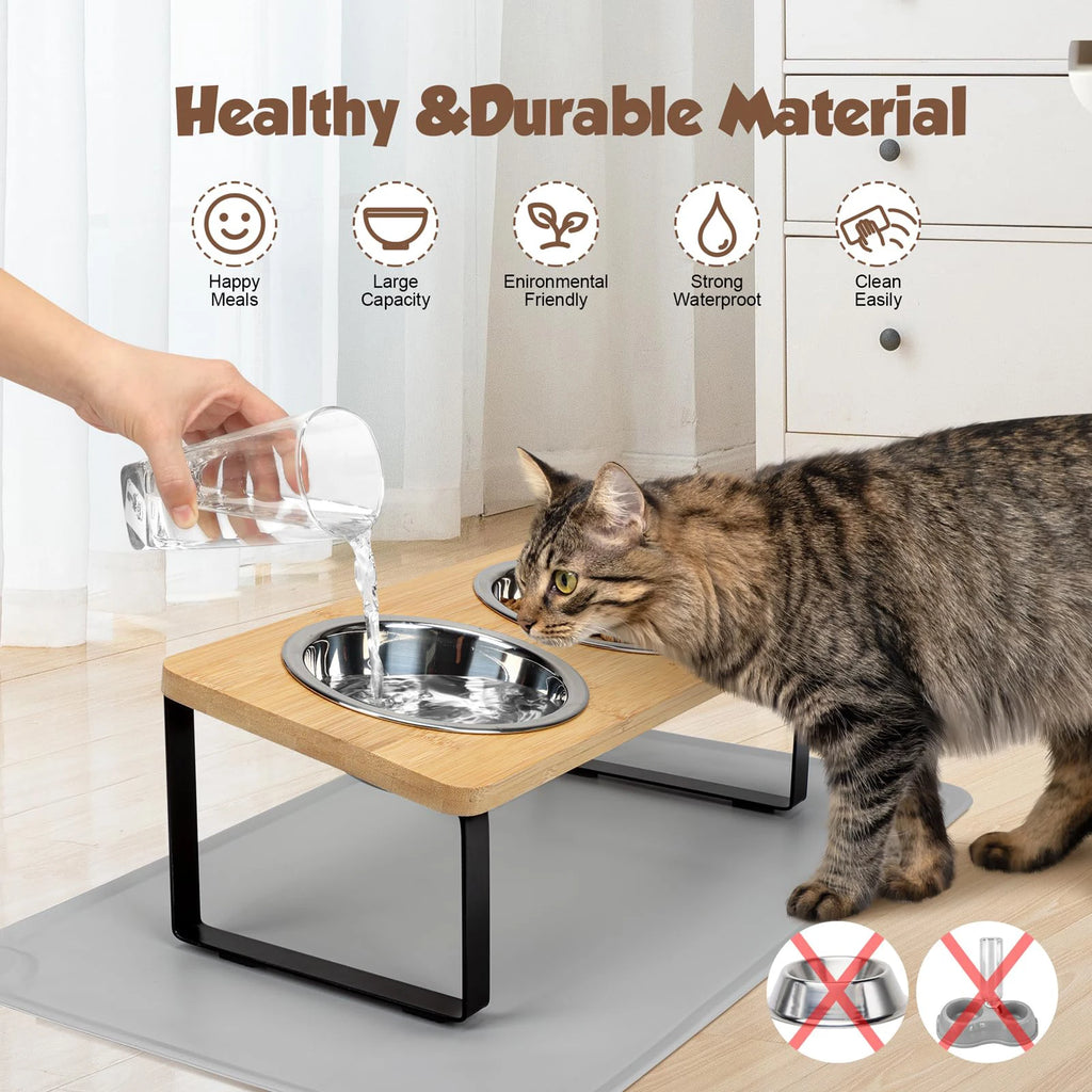 Comedero Elevado para Gatos – Soporte Inclinado 15° con 2 Cuencos de Acero Inoxidable
