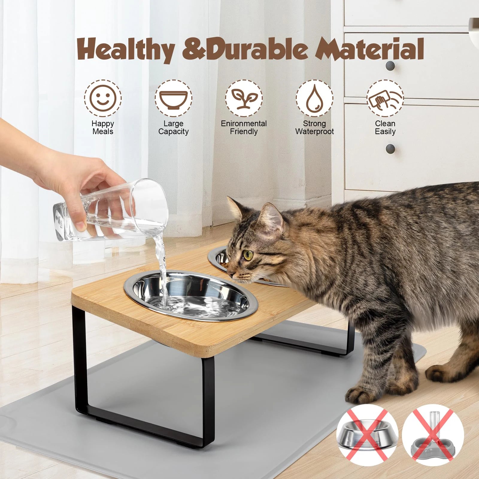 Comedero Elevado para Gatos – Soporte Inclinado 15° con 2 Cuencos de Acero Inoxidable