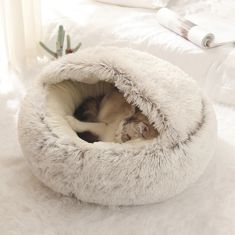 Cama Redonda de Felpa con Funda para Gatos – Nido Cálido 2 en 1 para Mascotas Pequeñas