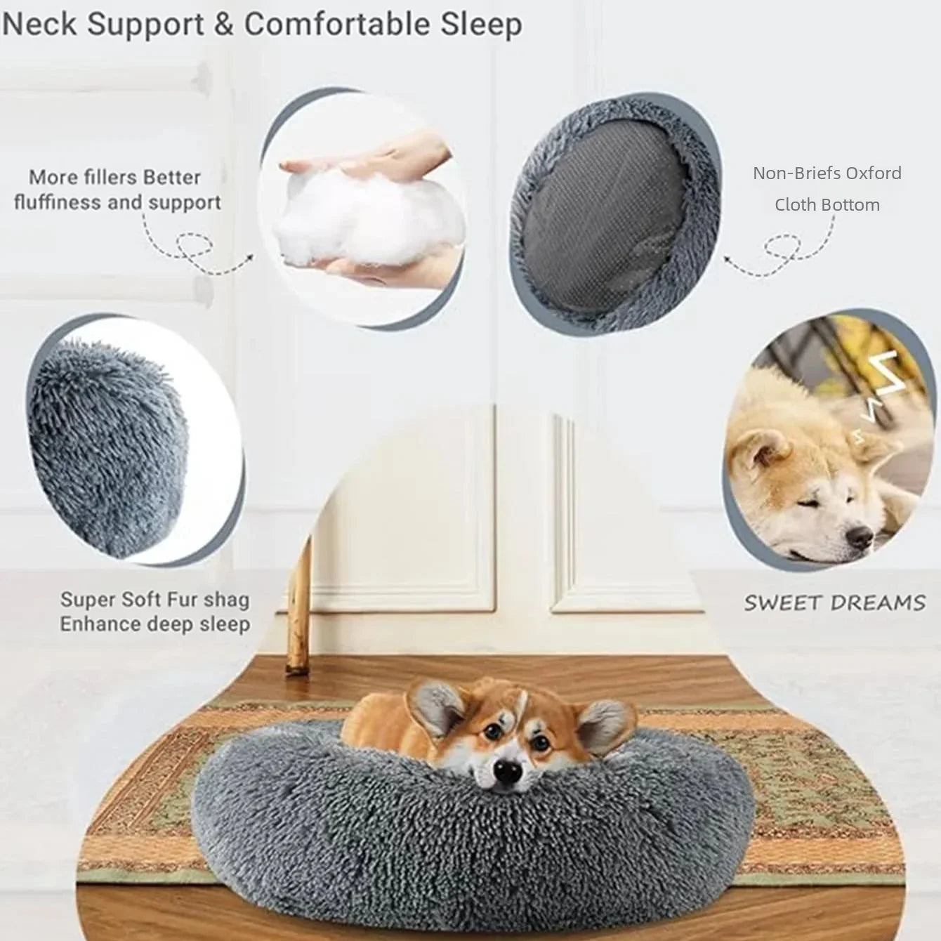 Cama Redonda de Felpa para Mascotas – 6 Tallas para Gatos y Perros de Todos los Tamaños