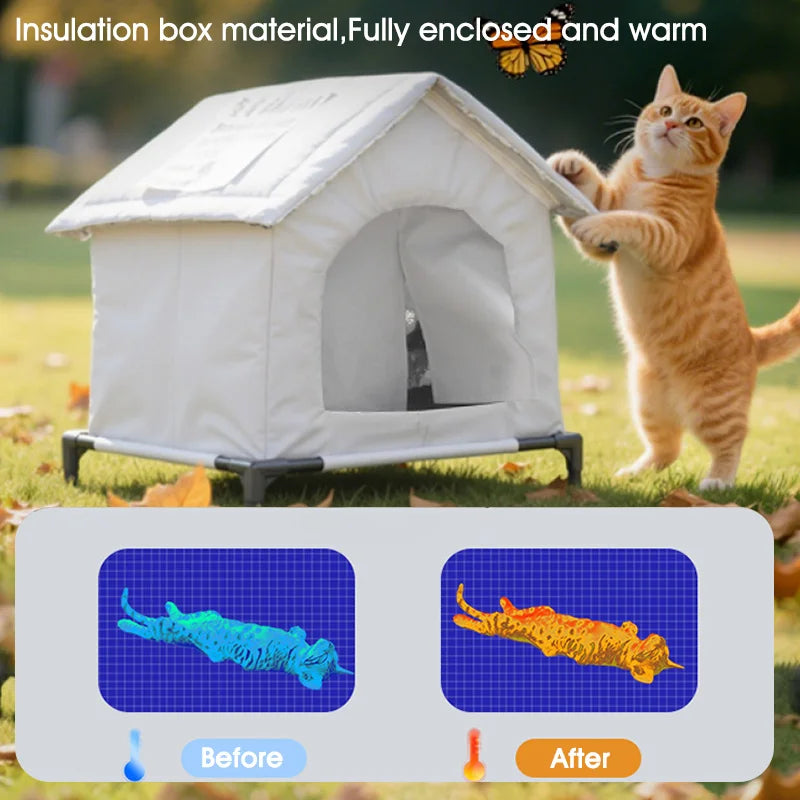 Caseta Elevada Impermeable para Gatos Callejeros – Refugio Exterior Cálido con Plataforma