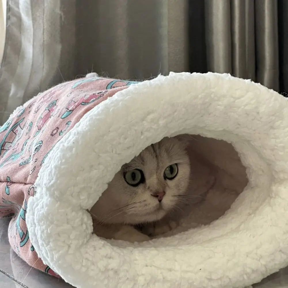 Saco de Dormir para Gatos – Cueva de Felpa Gruesa con Diseño de Dibujos, Cálida para Invierno