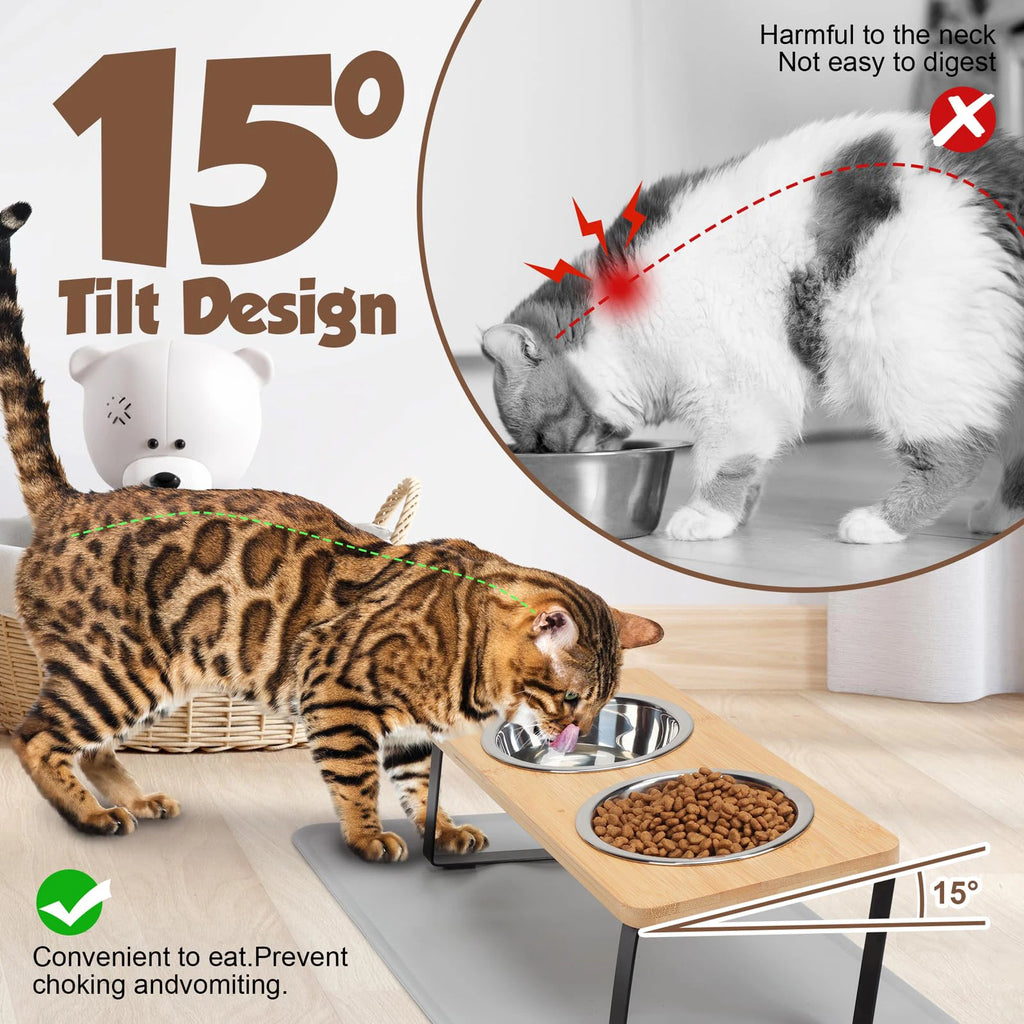 Comedero Elevado para Gatos – Soporte Inclinado 15° con 2 Cuencos de Acero Inoxidable