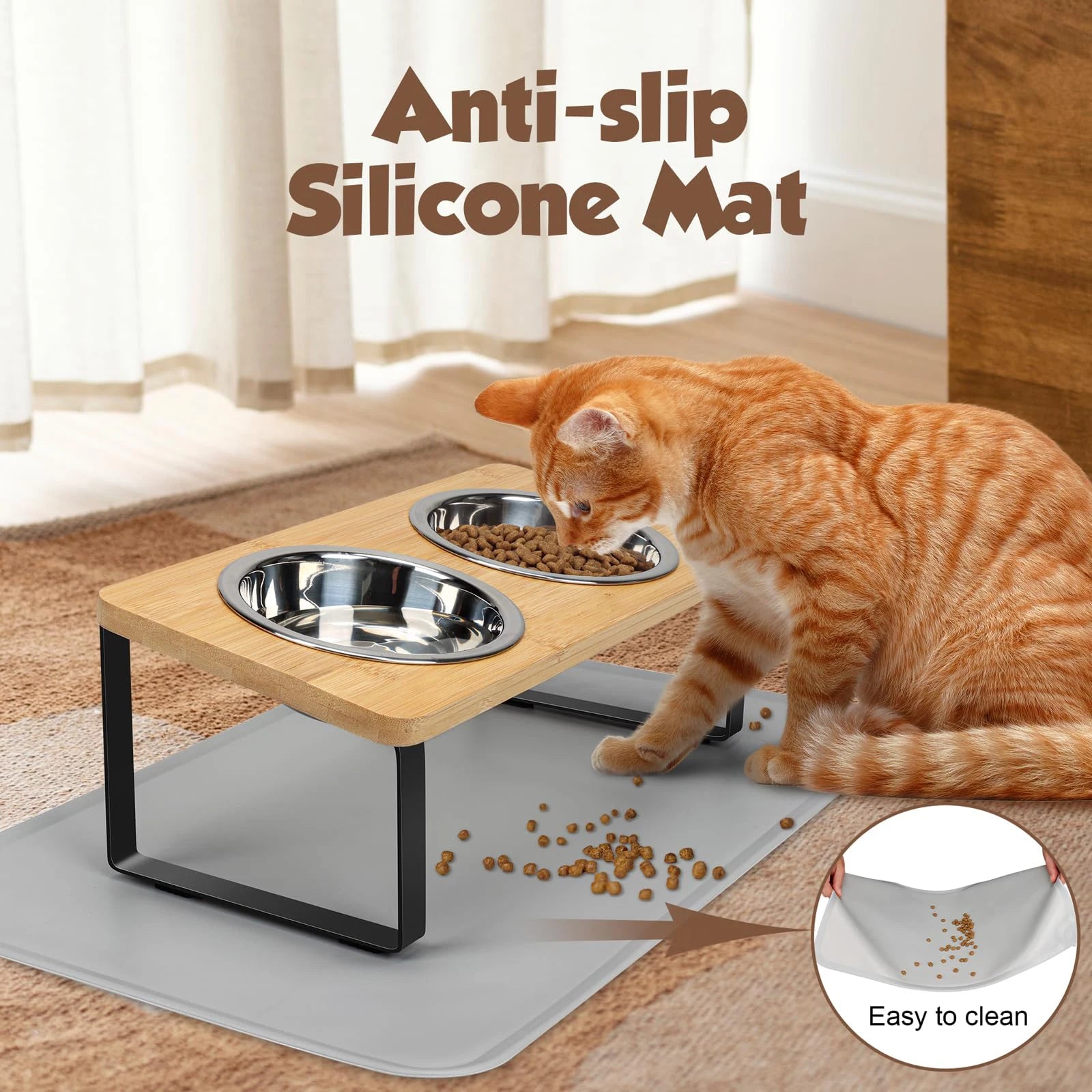 Comedero Elevado para Gatos – Soporte Inclinado 15° con 2 Cuencos de Acero Inoxidable