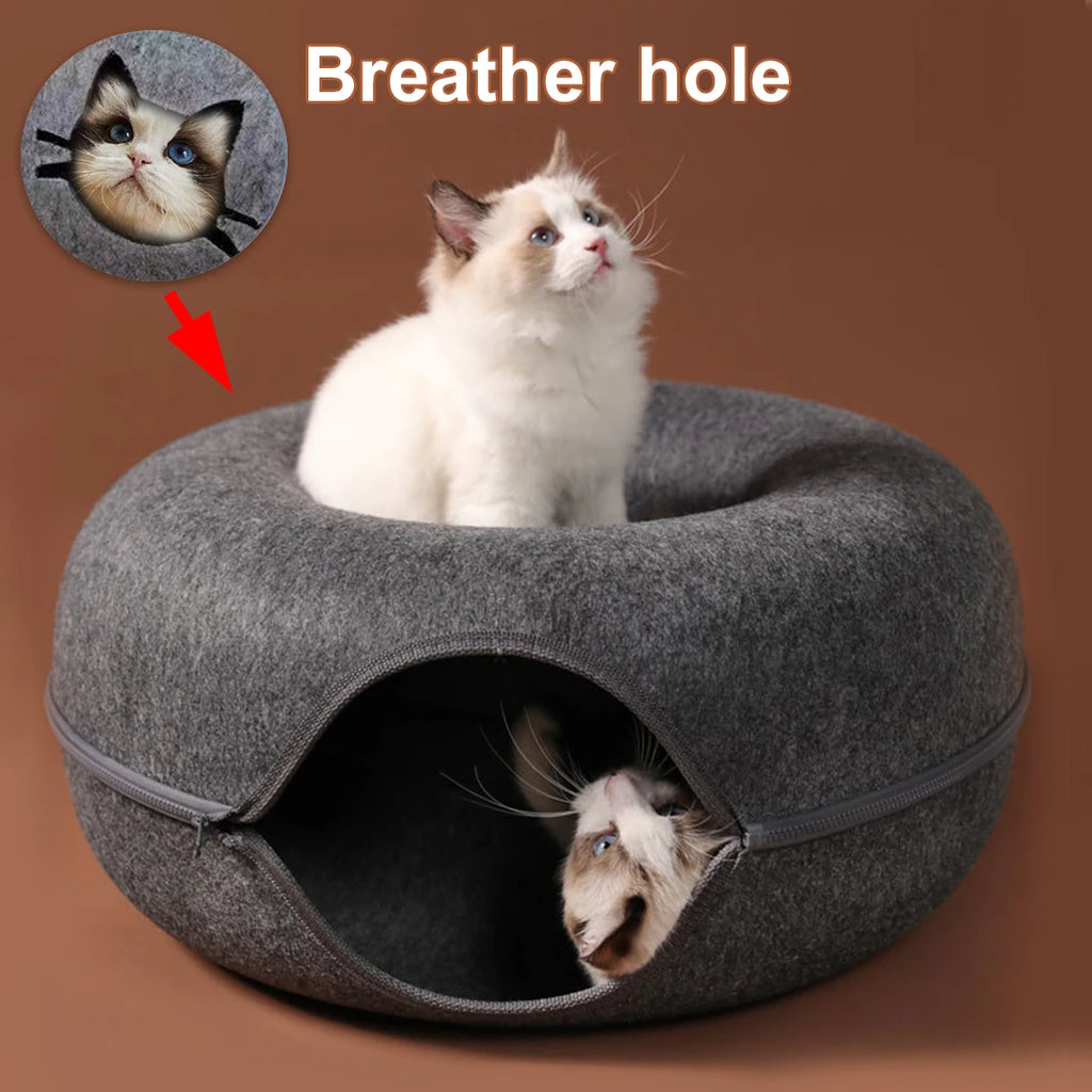 Túnel Interactivo para Gatos – Nido de Fieltro Forma Donut, Cama y Rascador para Gatitos
