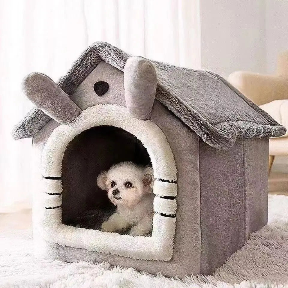 Cama Estilo Caseta para Gatos y Perros Pequeños – Extraíble, Lavable y Cálida