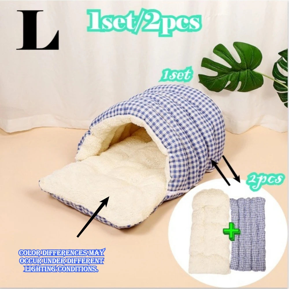 Caseta Grande para Gatos – Todas las Estaciones, con Cama Cálida y Saco de Dormir Cerrado
