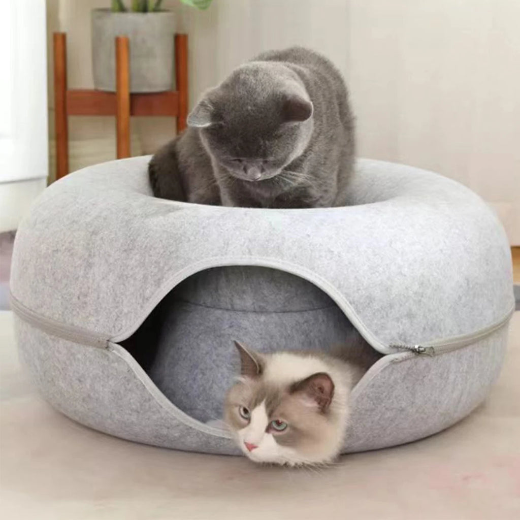 Túnel Donut para Gatos – Cama de Fieltro Interactiva con Diseño de Cabeza de Gato