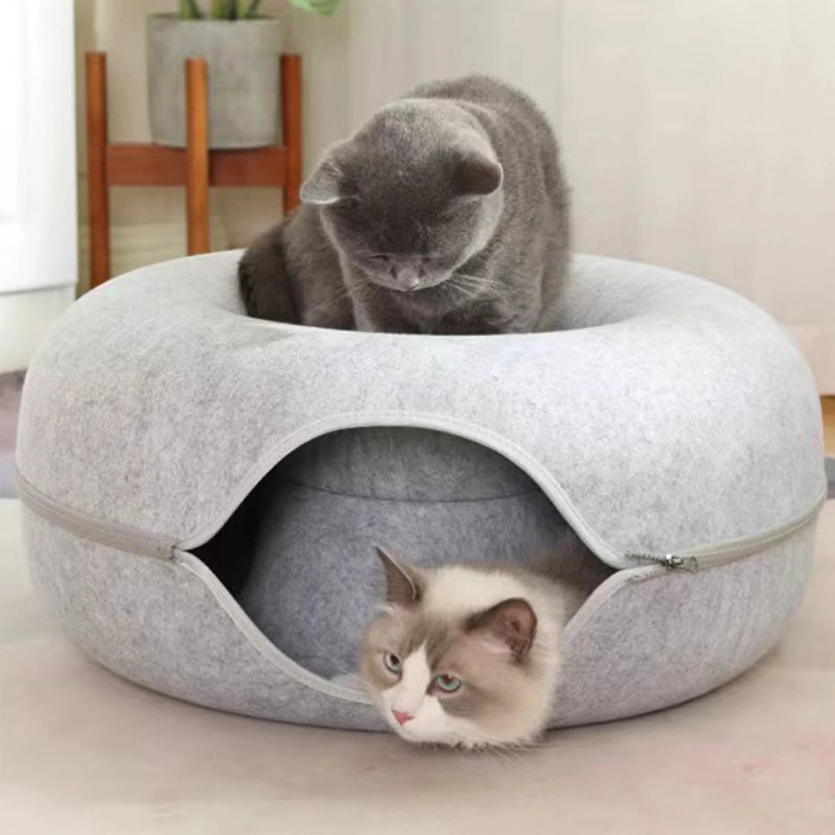 Túnel Donut para Gatos – Cama de Fieltro Interactiva con Diseño de Cabeza de Gato