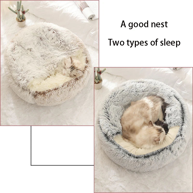 Cama Redonda de Felpa con Funda para Gatos – Nido Cálido 2 en 1 para Mascotas Pequeñas