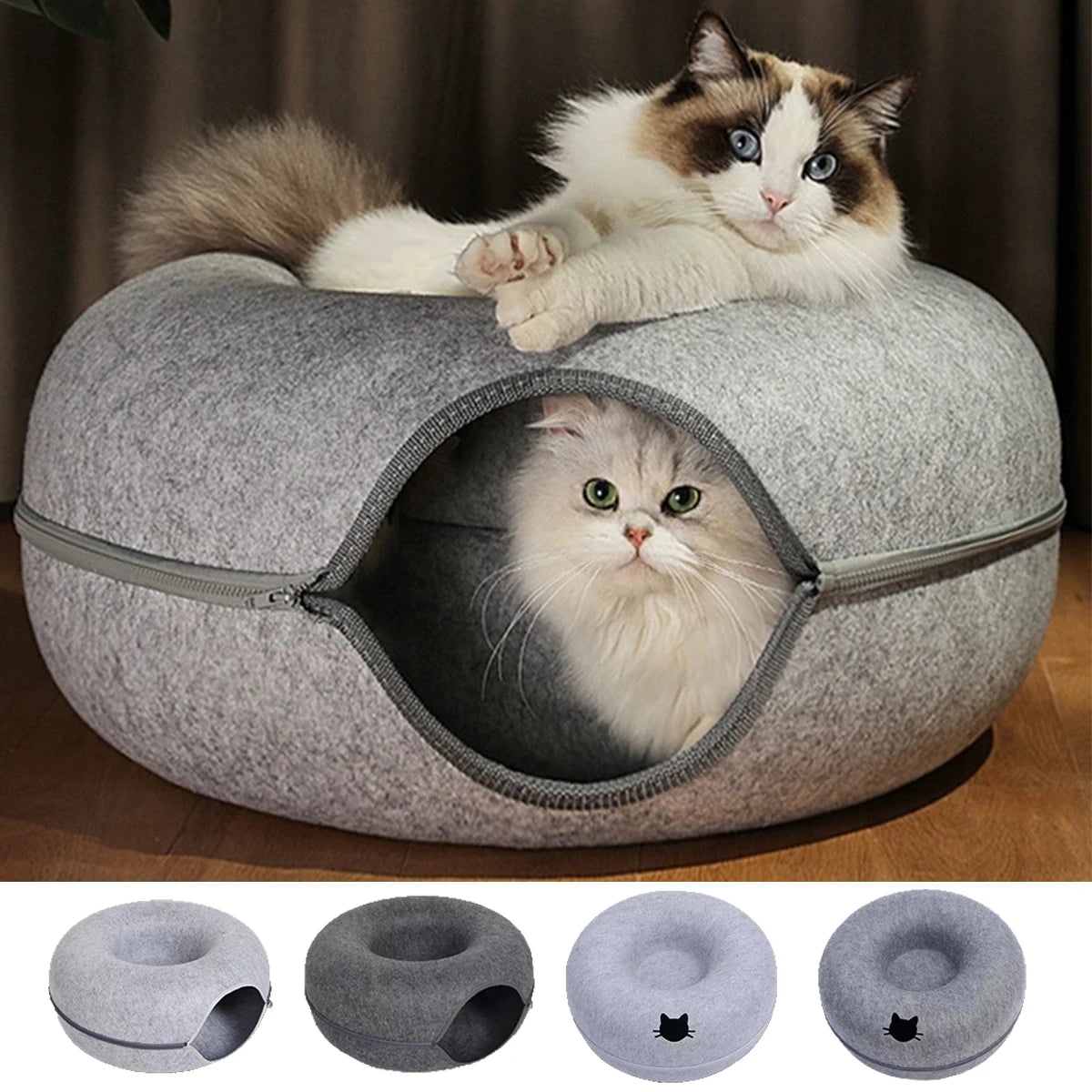 Túnel Interactivo para Gatos – Nido de Fieltro Forma Donut, Cama y Rascador para Gatitos