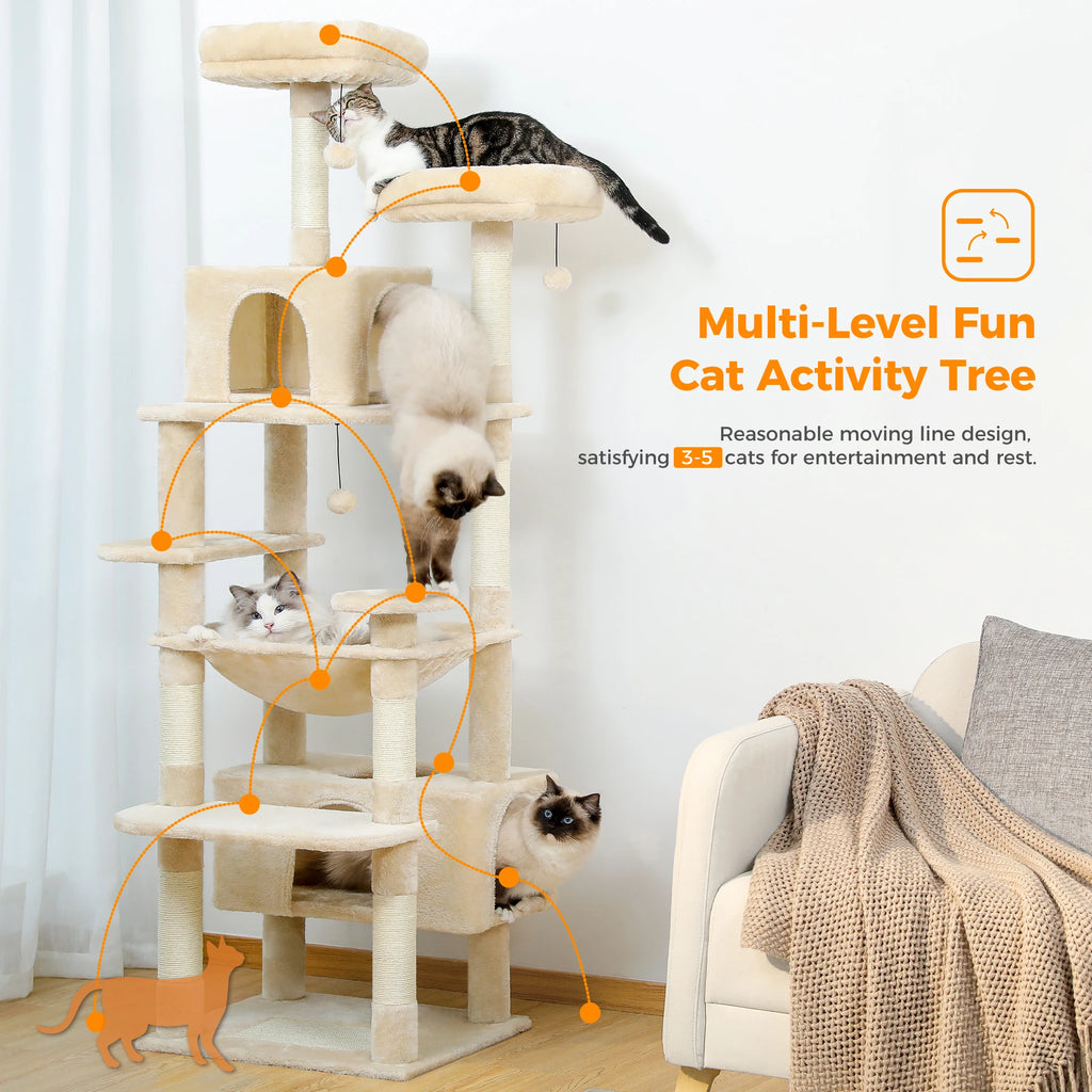 Torre para Gatos de Lujo 184 cm – 8 Niveles, Hamaca, Rascadores de Sisal y Condo