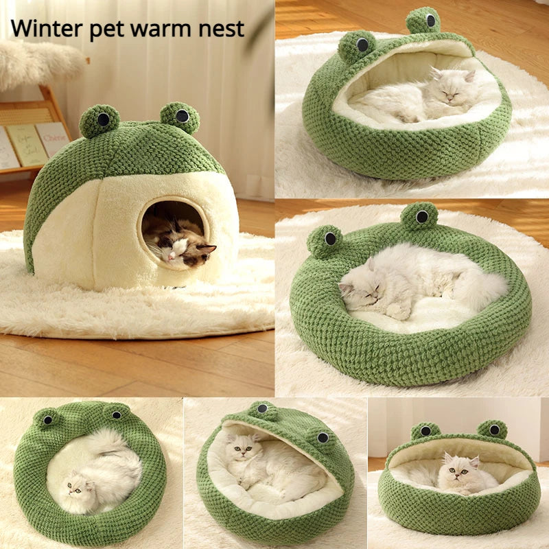 Nido de Felpa Cálido para Gatos y Perros – Casa Semicerrada Forma Rana para Invierno