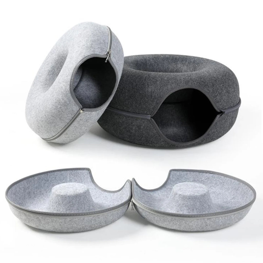 Túnel Interactivo para Gatos – Nido de Fieltro Forma Donut, Cama y Rascador para Gatitos