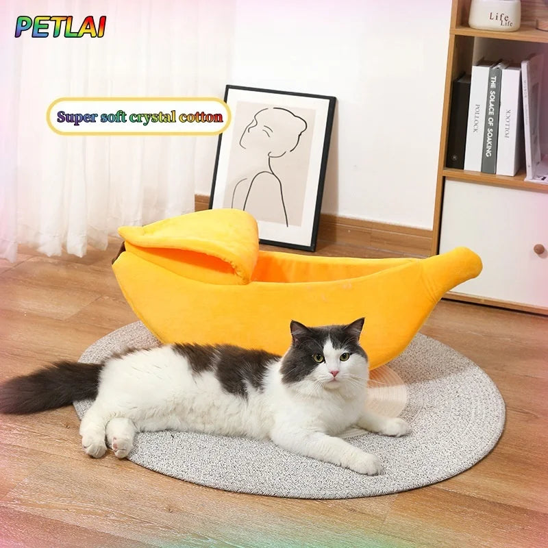 Cama para Gatos con Forma de Plátano – Casa Semicerrada Súper Suave con Tapa para Mascotas