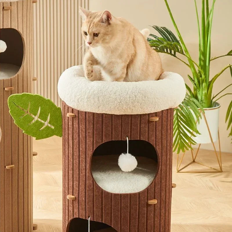 Casa para Gatos Tipo Tronco – Fieltro Multinivel con Rascador Integrado