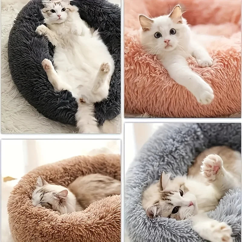 Cama Redonda de Felpa a Rayas para Gatos y Perros – Nido Suave y Cálido
