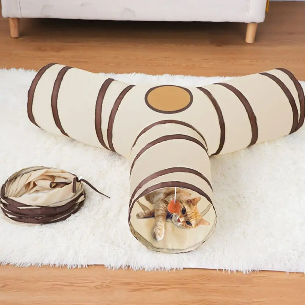Túnel Plegable para Gatos – Poliéster Transpirable Beige y Café, Juego Interactivo para Mascotas