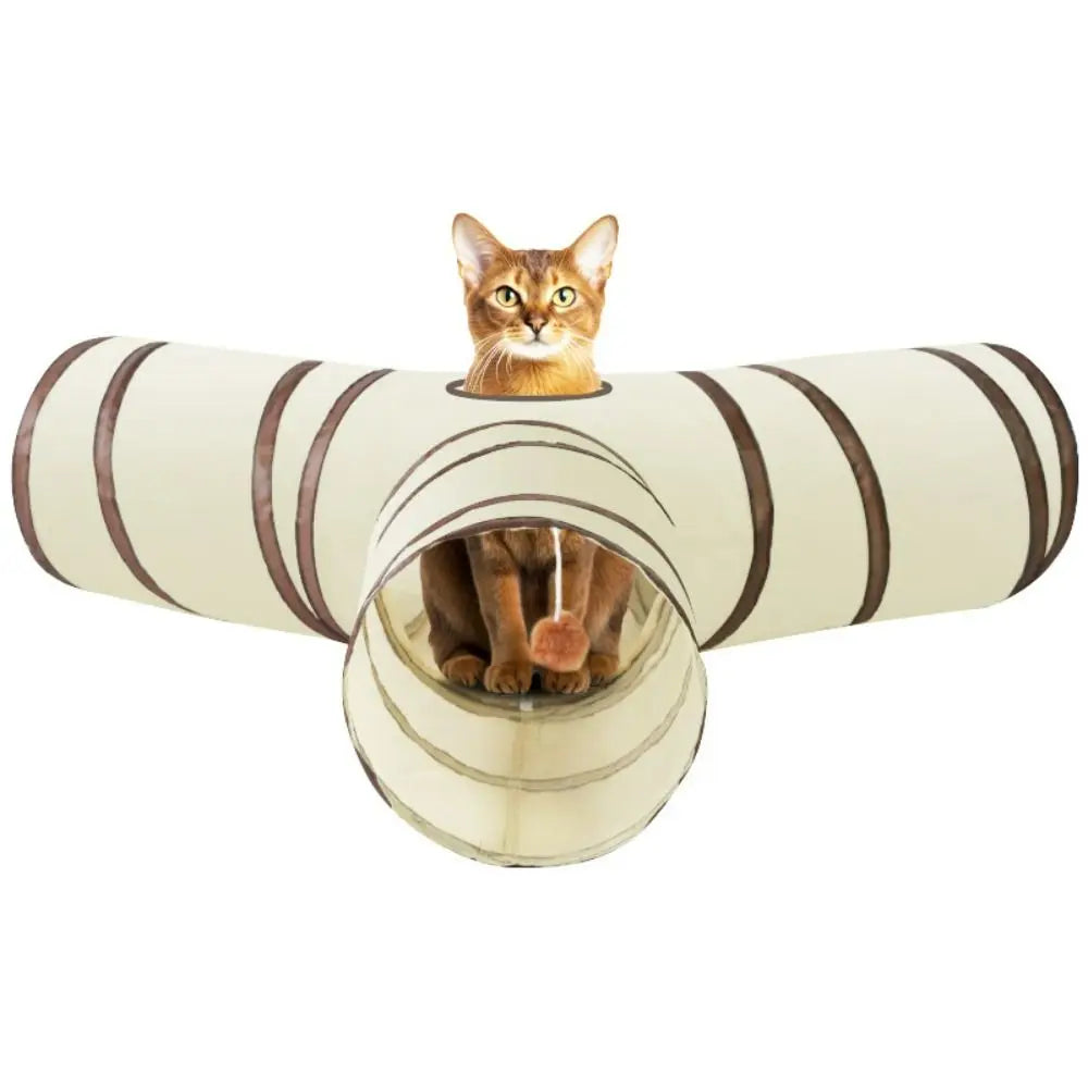 Túnel Plegable para Gatos – Poliéster Transpirable Beige y Café, Juego Interactivo para Mascotas