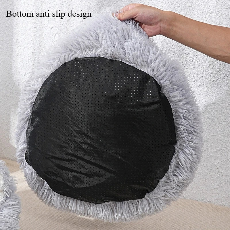 Cama Redonda de Felpa a Rayas para Gatos y Perros – Nido Suave y Cálido