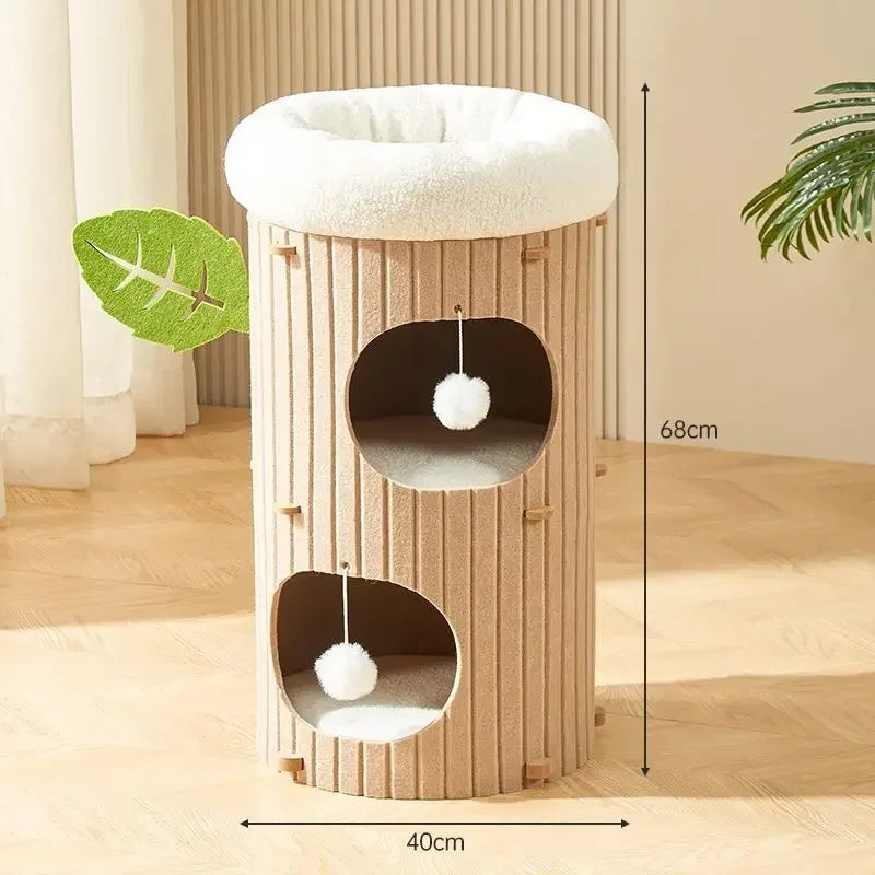 Casa para Gatos Tipo Tronco – Fieltro Multinivel con Rascador Integrado
