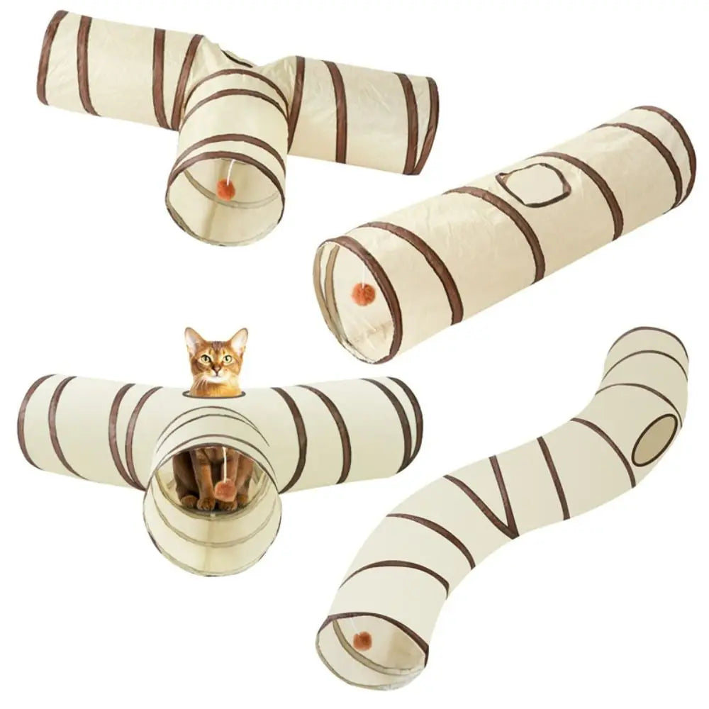 Túnel Plegable para Gatos – Poliéster Transpirable Beige y Café, Juego Interactivo para Mascotas