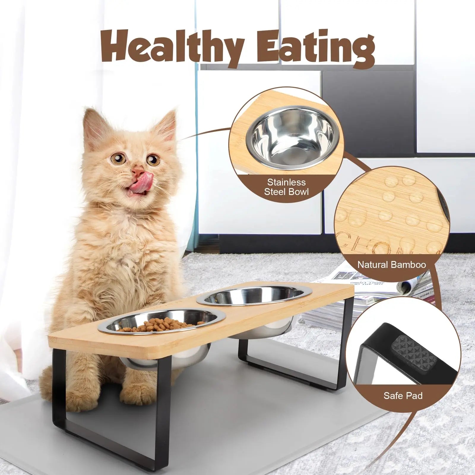 Comedero Elevado para Gatos – Soporte Inclinado 15° con 2 Cuencos de Acero Inoxidable