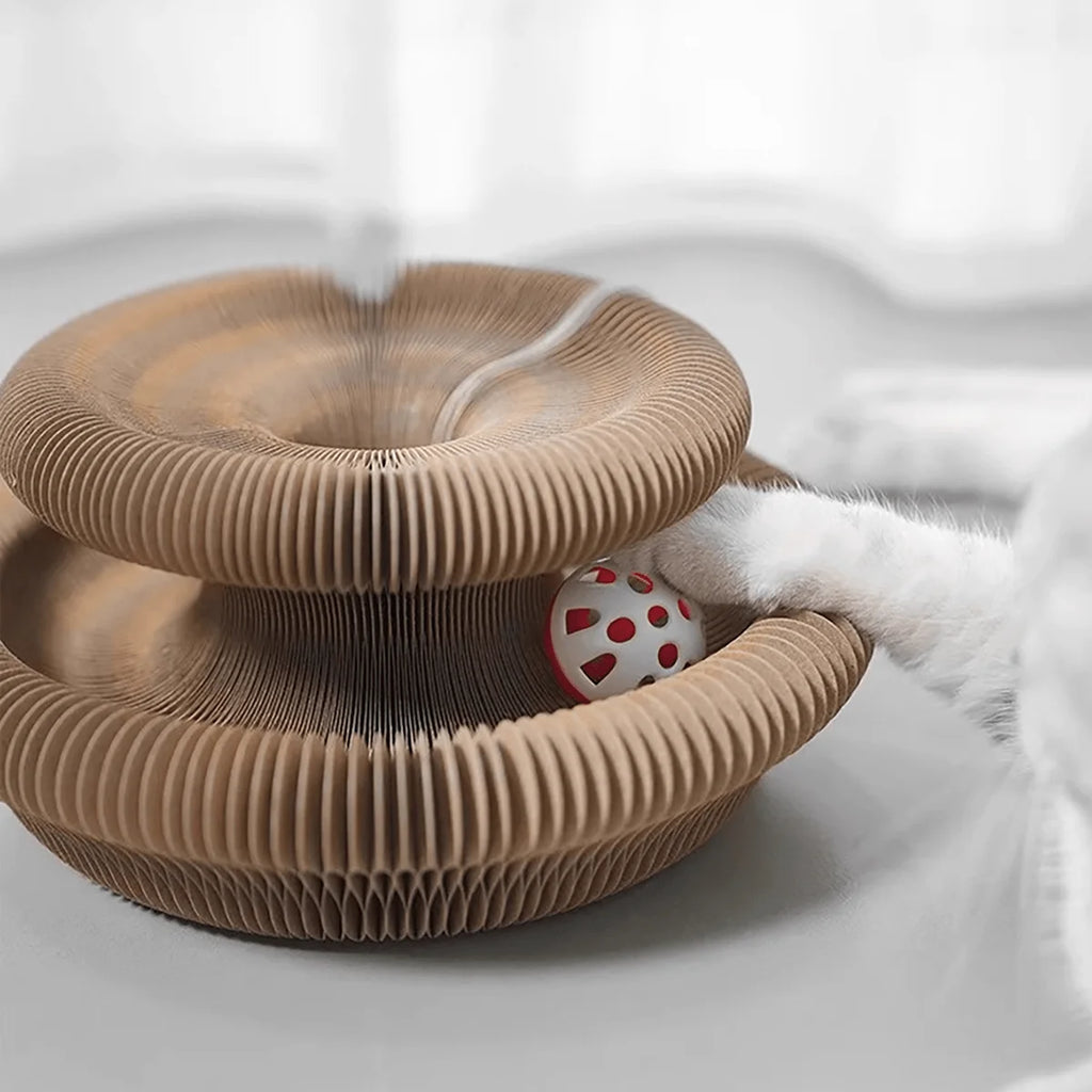 Rascador Plegable Mágico para Gatos – Cartón Corrugado con Pelota Interactiva, 3 Formas en 1