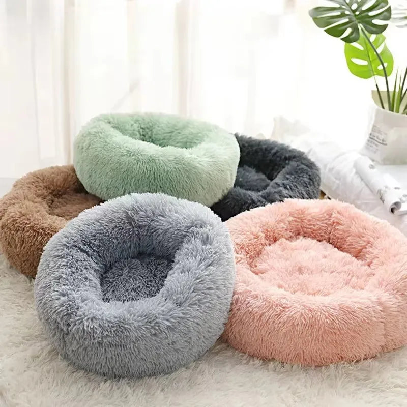 Cama Redonda de Felpa a Rayas para Gatos y Perros – Nido Suave y Cálido