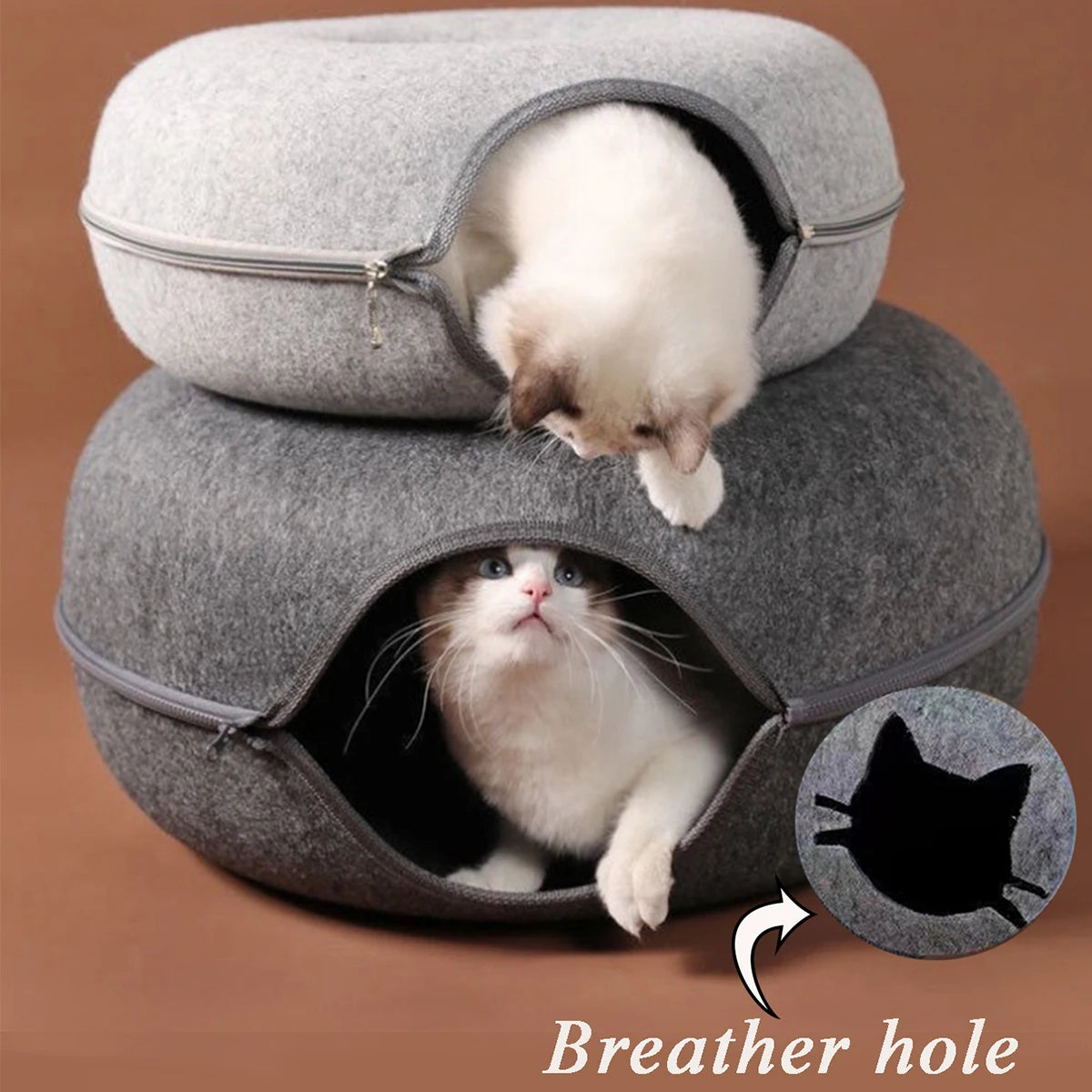 Túnel Donut para Gatos – Cama de Fieltro Interactiva con Diseño de Cabeza de Gato