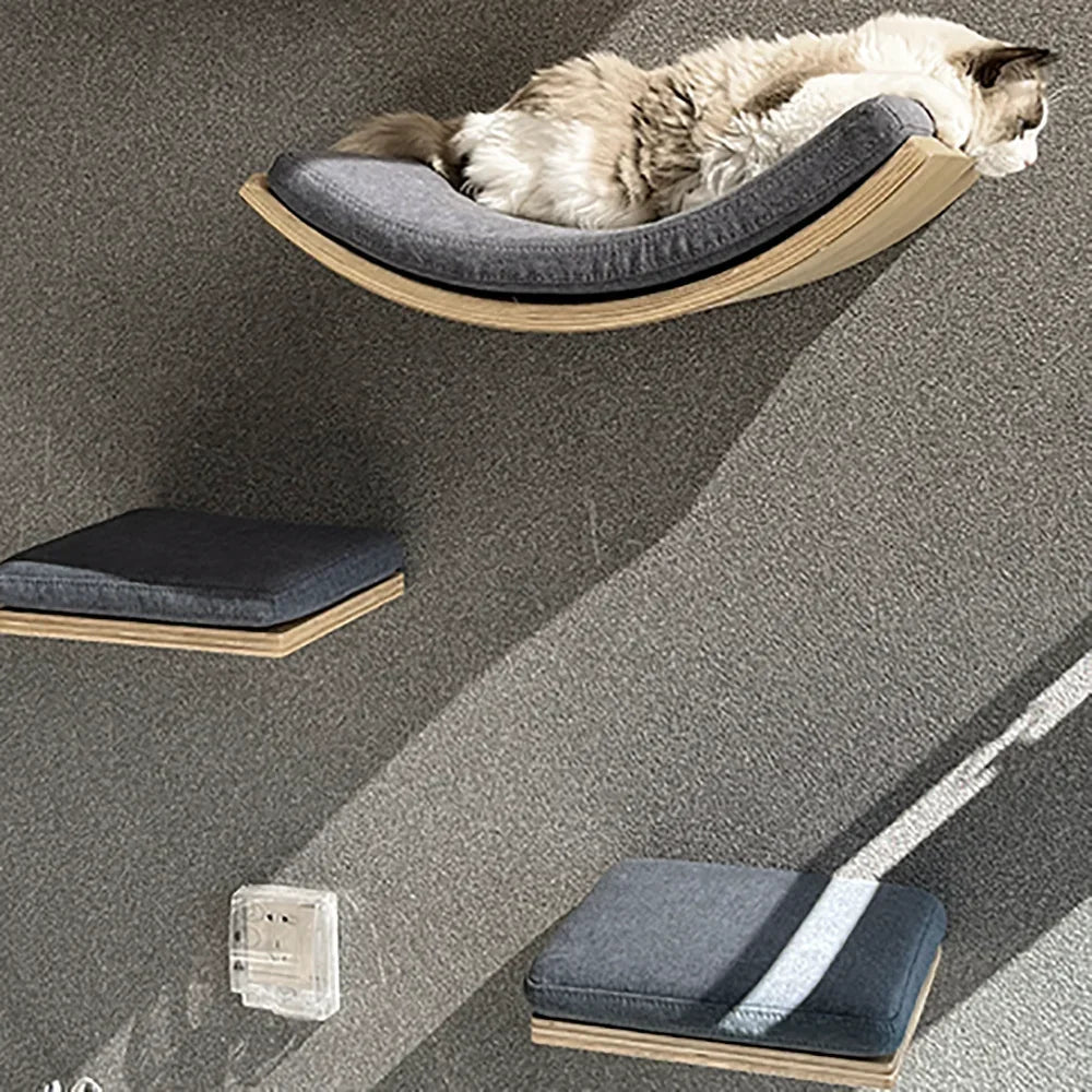 Árbol para Gatos de Pared – Estantes de Madera con Rascador, Hamaca y Escalera Flotante