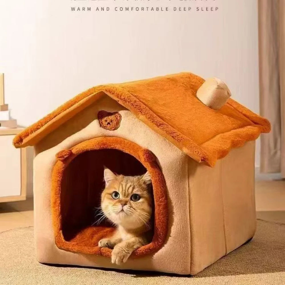 Cama Estilo Caseta para Gatos y Perros Pequeños – Extraíble, Lavable y Cálida